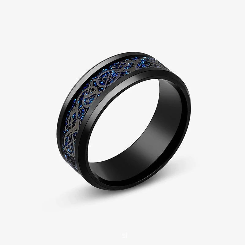 2025 Fashion Men Stainless Steel Celtic Dragon Ring Inlaid Red Blue Carbon Fiber Rings Wedding Band Jewelry 8MM Bague Homme