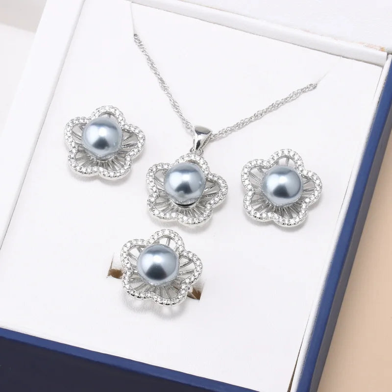 Geneuin 925 Silver Flower Bridal Jewelry Sets Pearl Fashion Jewelry Women Girls Engagement Anniversary Fine Gift