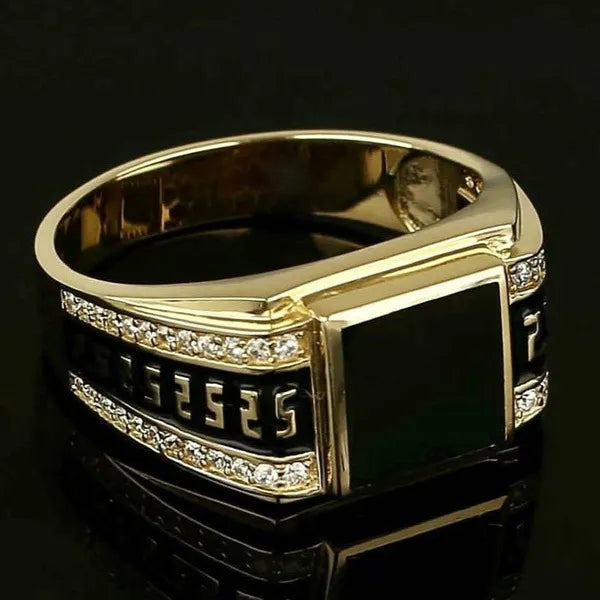 The epitome of elegance with this exquisite men's ring. Crafted from high-quality metal, it features a captivating gold color and is adorned with a striking black stone and zircon accents. Perfect for engagements, weddings, or simply adding a touch of luxury to your everyday style, this punk-inspired ring is a must-have in any fashion-forward man's collection.