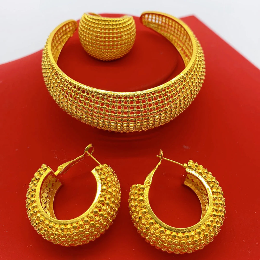 Luxury Dubai Gold Plated Bracelet Ring Earrings 3pcs Jewelry Sets For Women Wedding African Indian Jewellery Anniversary Gifts