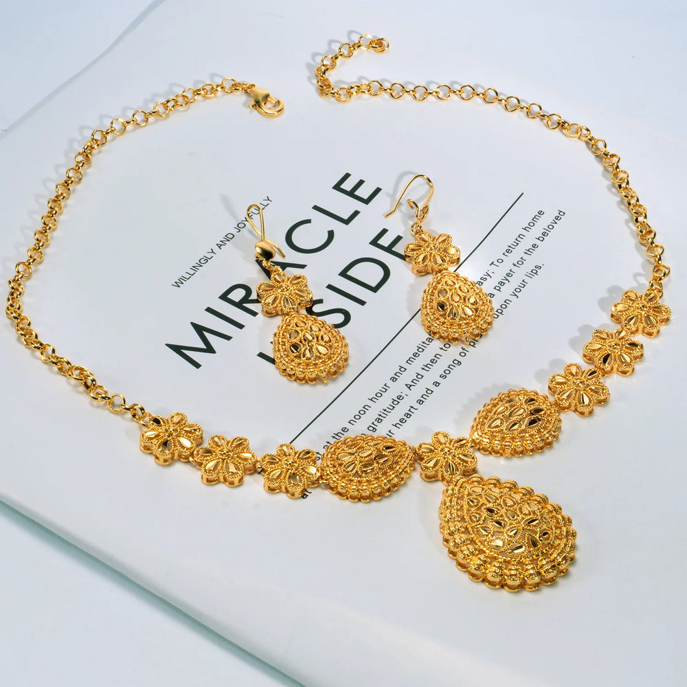 24K Gold Necklace and AU999 Gold Earrings Two-Piece Set, Elegant Water Drop Shape Wedding Jewelry for Women