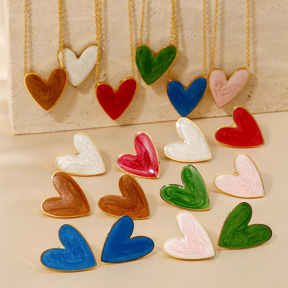 18K Gold PVD Plated Stainless Steel Colorful Enamel Heart Necklace Earring Set For Women Spring Summer Jewelry  Waterproof