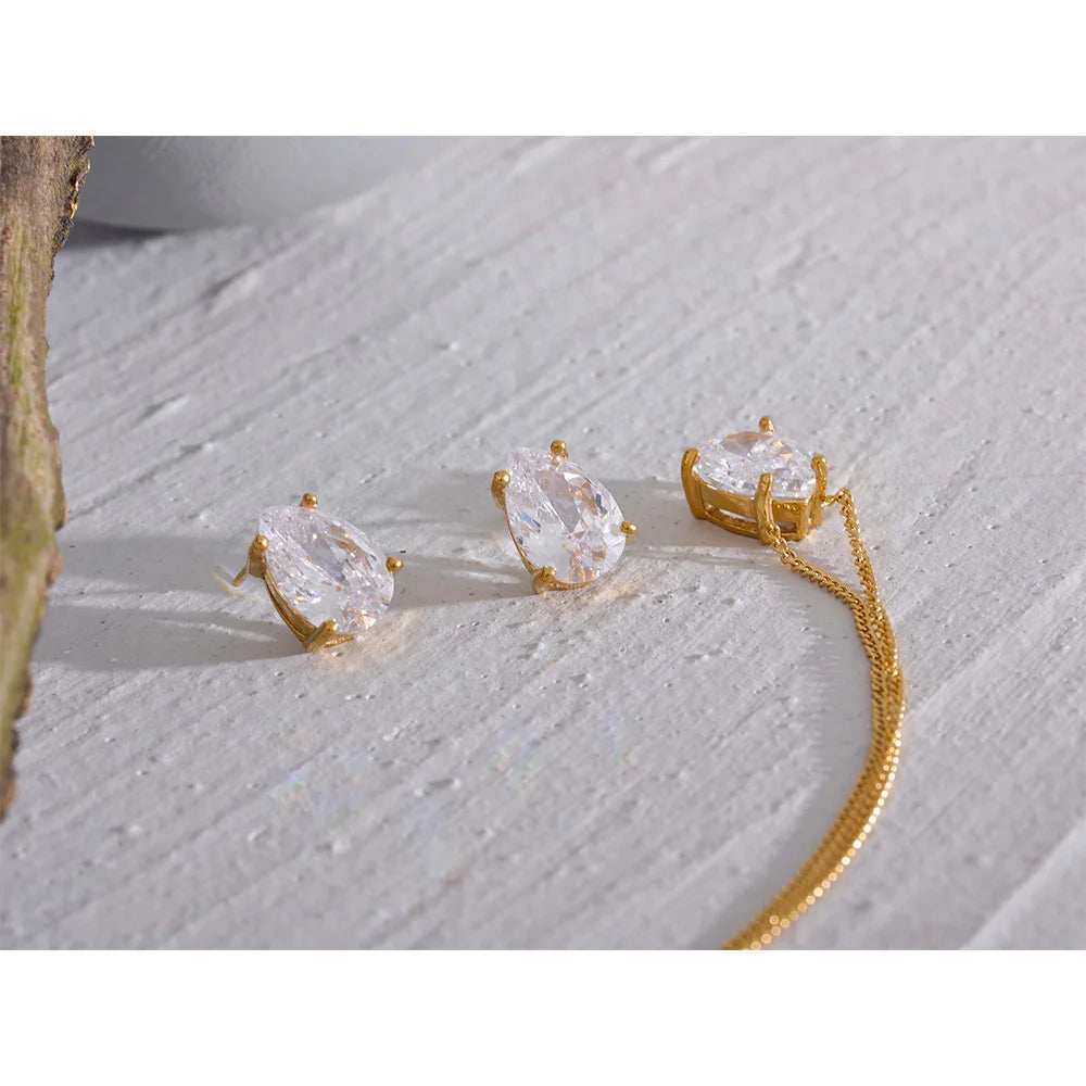 Delicate Shiny Cubic Zirconia Stainless Steel Water Drop Pendant Necklace Stud Earrings Waterproof Jewelry Chic Party Gift