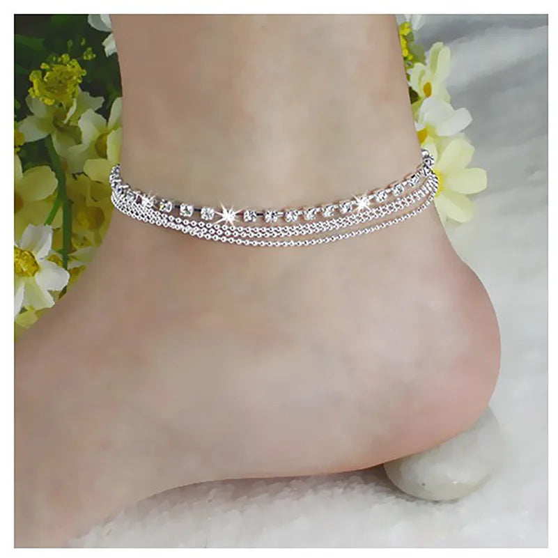 Silver Color Crystal Zircon 3 Rows Beads Anklet for Women New Fashion Chain Multilayer Rhinestones Foot Crystal 2024 Jewelry