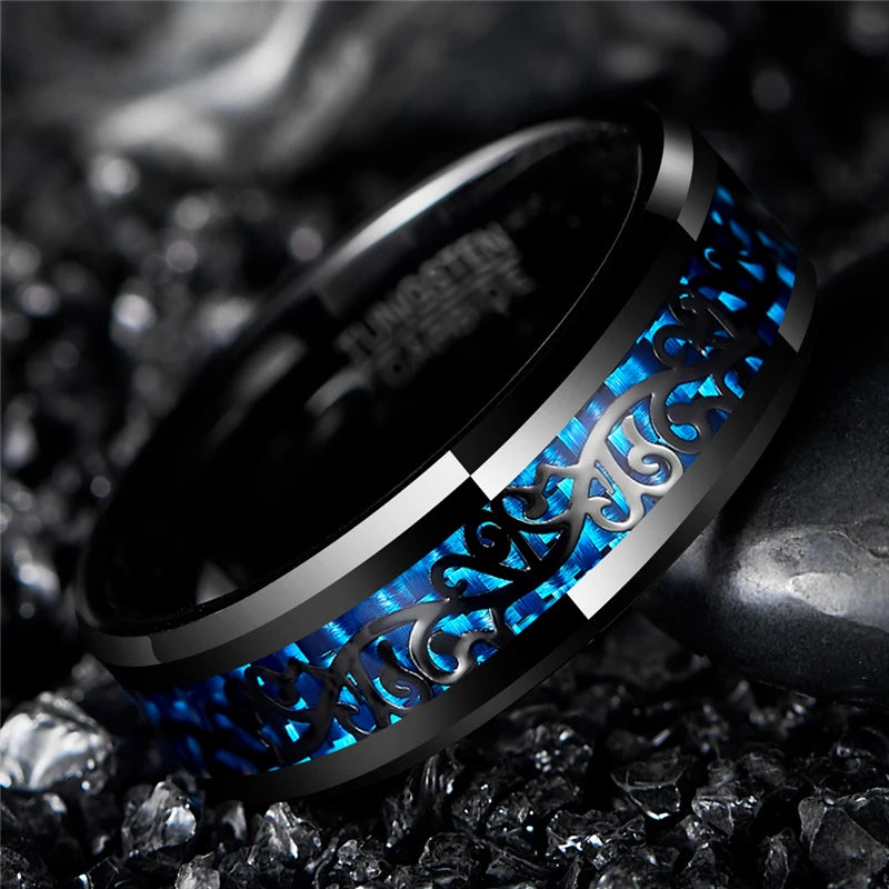 Astunning piece of men's jewelry with this black tungsten carbide ring. Plated with a sleek black finish, this 8mm wedding band features an intricate vine pattern inlaid with blue carbon fiber, adding a touch of elegance to any occasion.