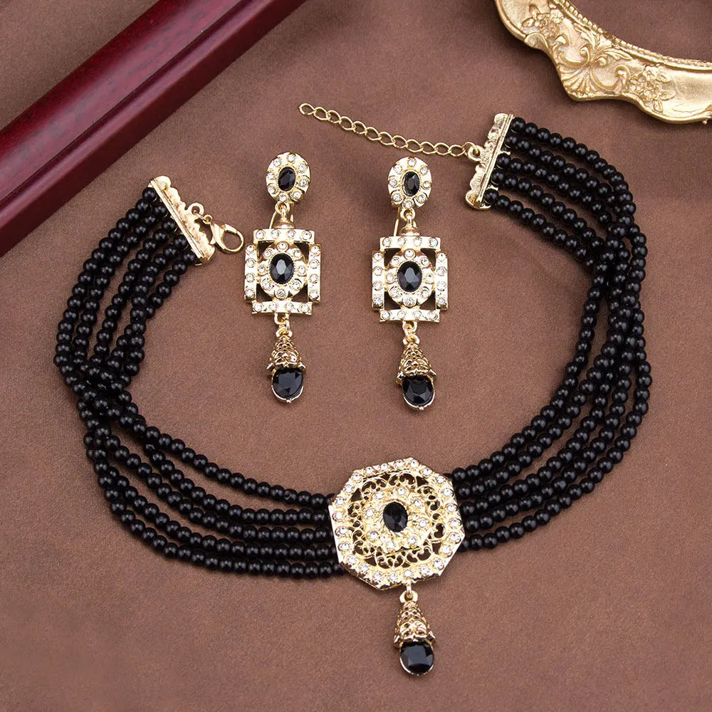 Algeria Beads Choker Necklace String Neck Chain Square Earring For Women Morocco Caftan Jewelry Arabic Bridal Bijoux