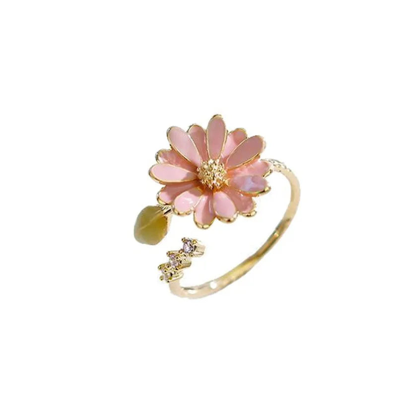 1 Pc Fashion Exquisite Flower Daisy Luxury Plant Opening Leaf Copper Gold Color Adjustable Ring Women Daily Party Gift Jewelry
