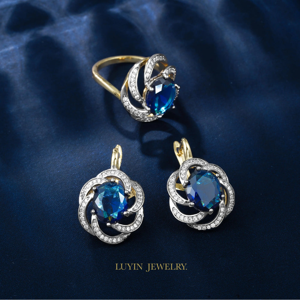 2025 Trending  Jewelry Set Blue Stone Earrings Ring For Women Copper Plated 14 K Gold 2 Color Daily Party Fine Accessories