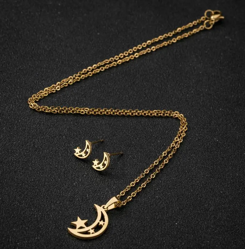 Luxury Stainless Steel Wedding Bride Jewelry Set Multiple Stars Earrings And Necklace Gold Color Clavicle Chain Joyas Mujer