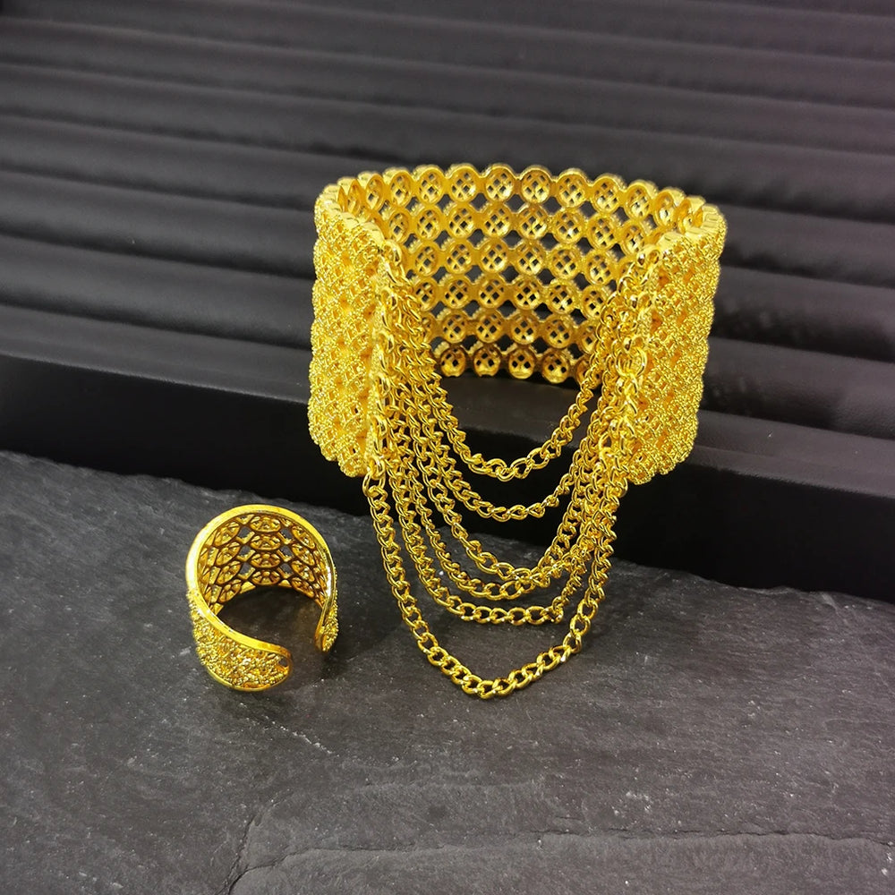 Yellow Gold Color Dubai Jewelry Set For Women Round Hollow Alloy Wide Bracelets Rings Sets African Statement Bangle With Chains