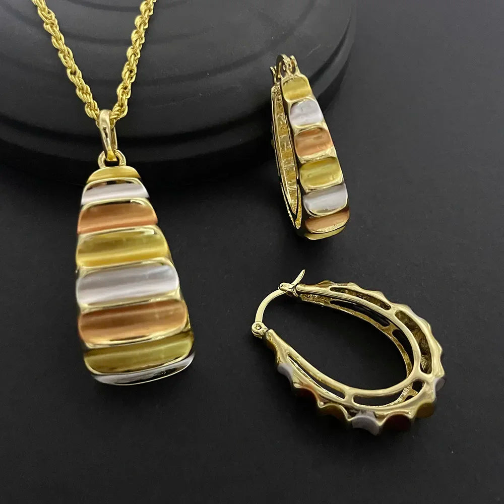 24K Gold-plated Two Piece Copper Jewelry Set India Dubai Jewelry Gold Warped Geometry Necklace Earrings