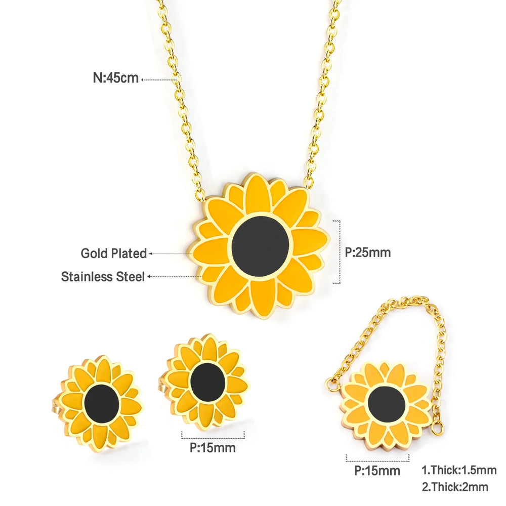 Jewelry Sets Yellow Flowers Pendant Necklace Earrings Stainless Steel For Women Gold Color 2023 Trendy Summer Wholesale
