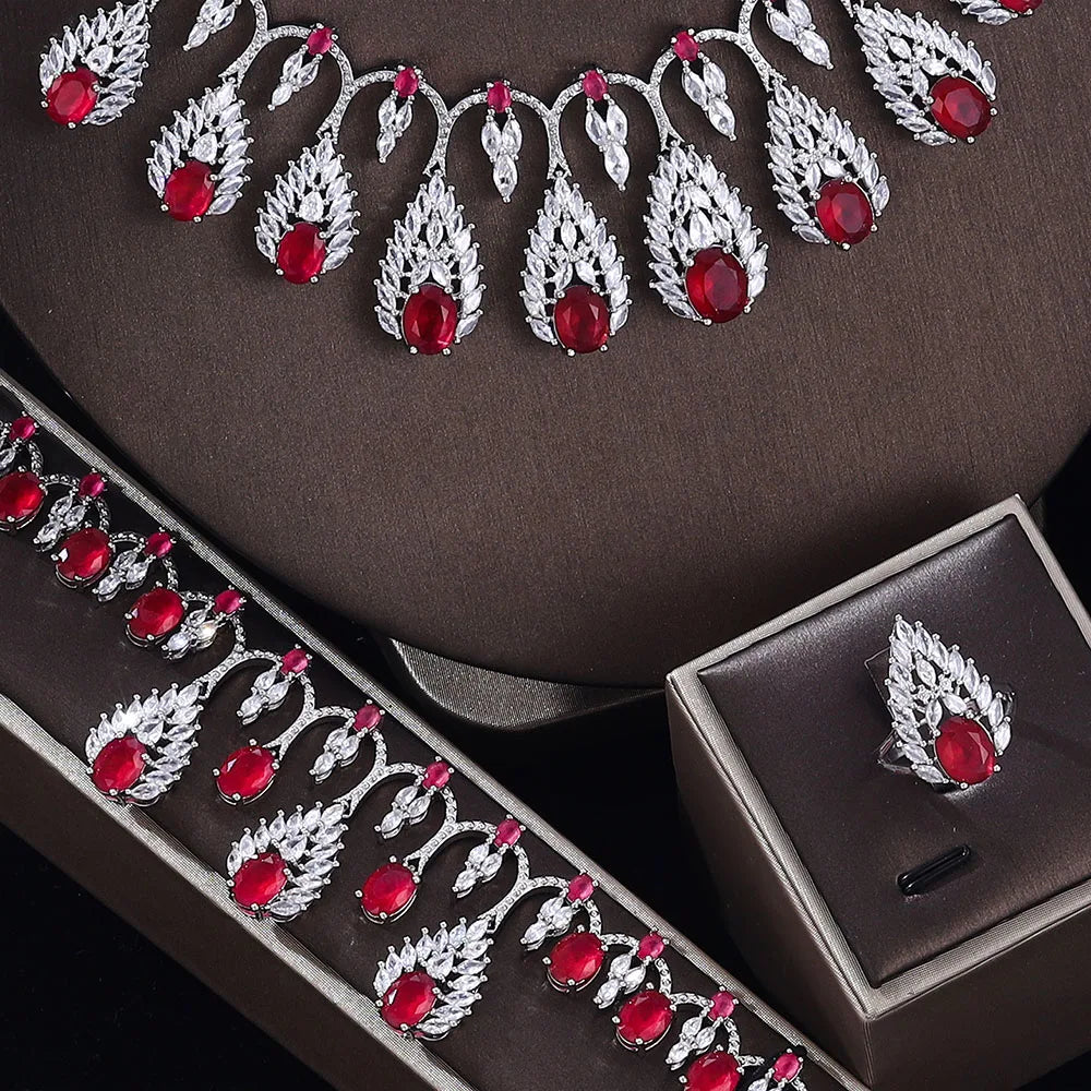 2025 Clever Dubai Water Drop 4-piece Necklace and Earring Set with Cubic Zirconia Jewelry for Women's Wedding Party Gifts