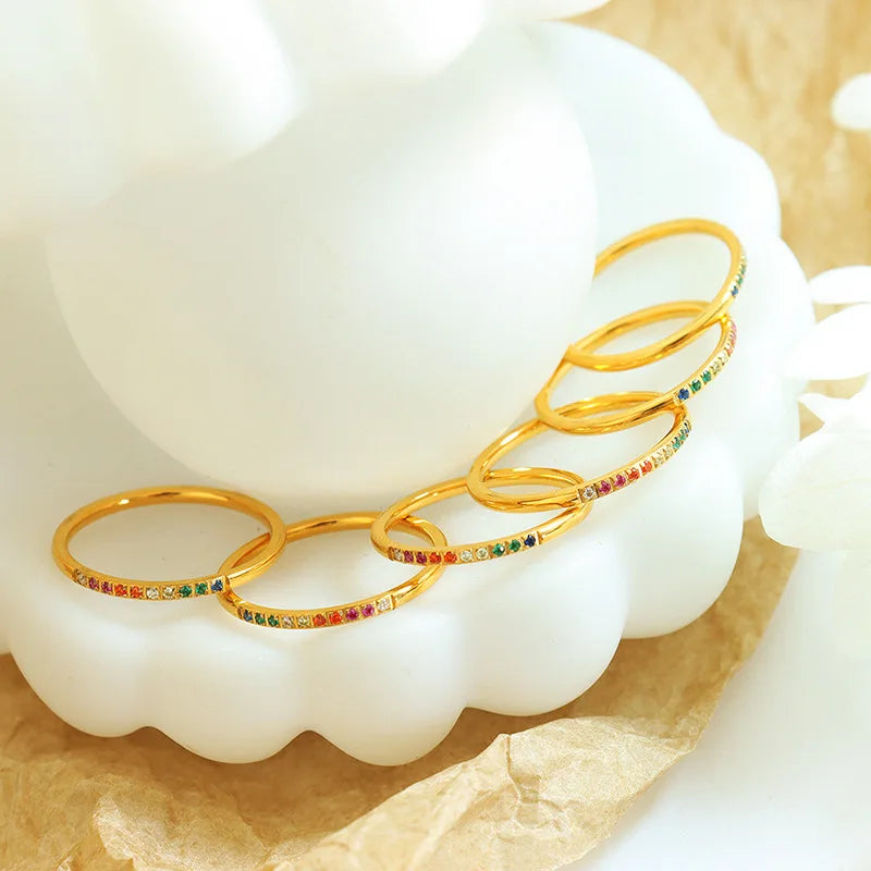 Stainless Steel Multi Color Cubic Zircon Stone Line Band Rings for Women Gold Plated Waterproof Stacker Ring Jewelry Gift