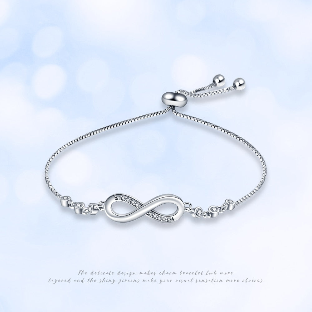 Designed with timeless classic style, this 925 Sterling Silver Infinity Bracelet adds a luxurious look to every ensemble. Perfect for women who cherish fine jewelry, this bracelet is sure to take any outfit to the next level.