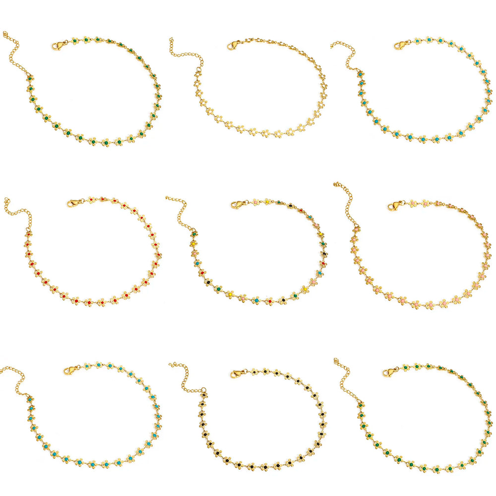 Colorful Enamel Flower Anklet For Women Stainless Steel Chain Anklet Bracelet Summer Beach Foot Leg Jewelry Gift 25cm