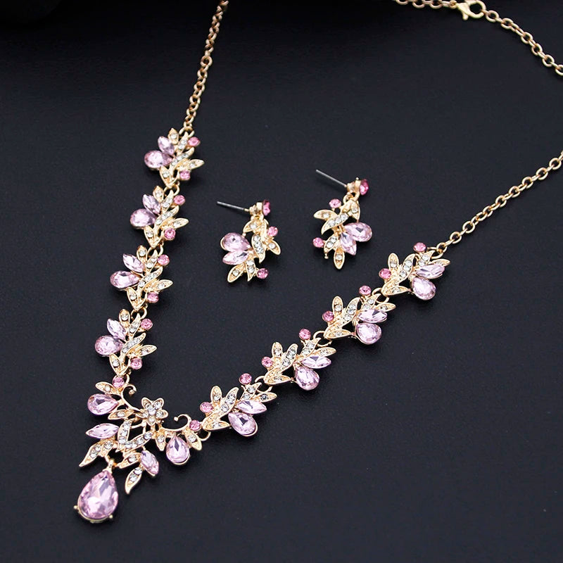 Exquisite 2 pcs set Flower Pink AB crystal bridal wedding jewelry sets for women dangle earrings and necklace sets Blue Green