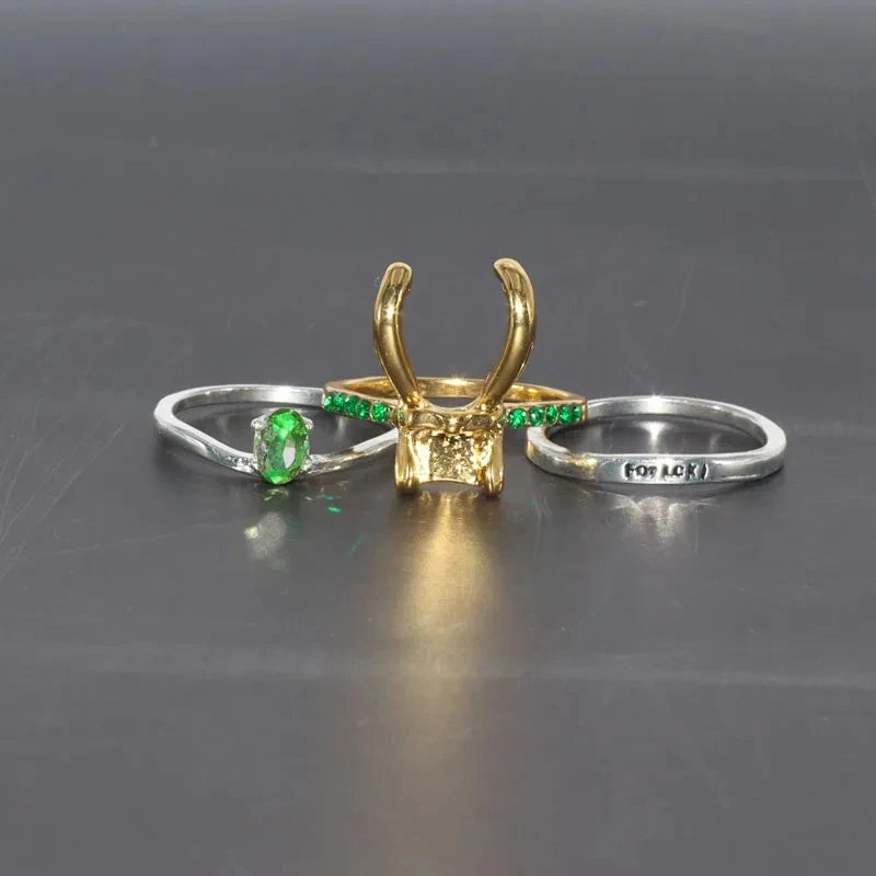 Loki Ring Set Women's Superhero Thor Green Crystal Crown Helmet Ring Stacking Jewelry Cosplay Accessories for Men and Women