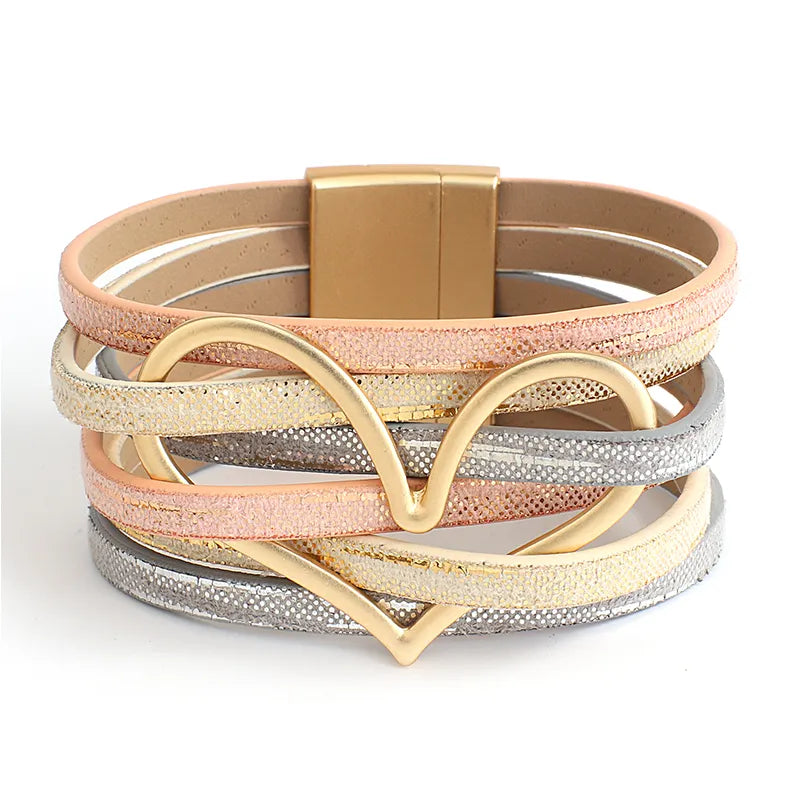  Gold Color Metal Heart Leather Bracelets for Women Charm Multilayer Wide Wrap Bracelet & Bangle Female Jewelry Gifts