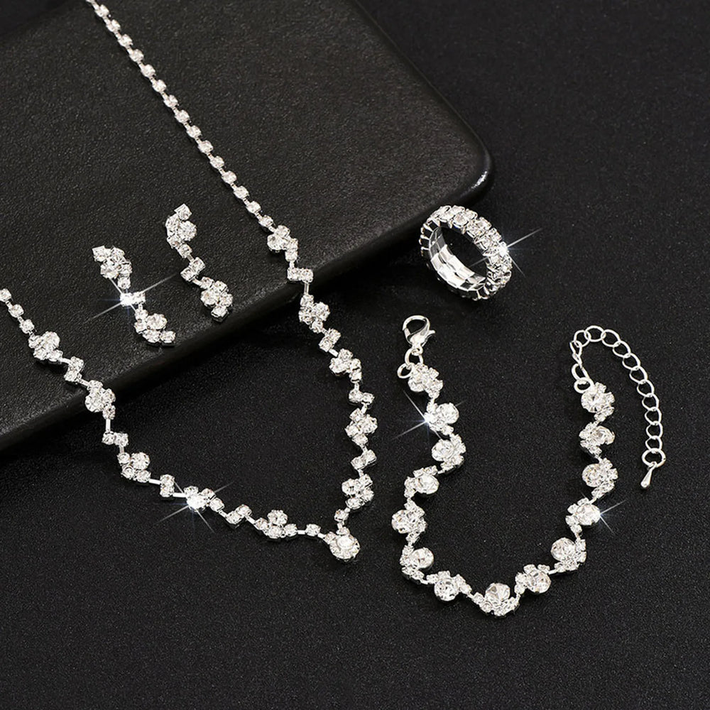 Rhinestones Necklaces Shiny Earrings Bracelet Ring Sets Wedding Jewelry Set For Women Dazzling Diamond Kit Bridal Jewellery