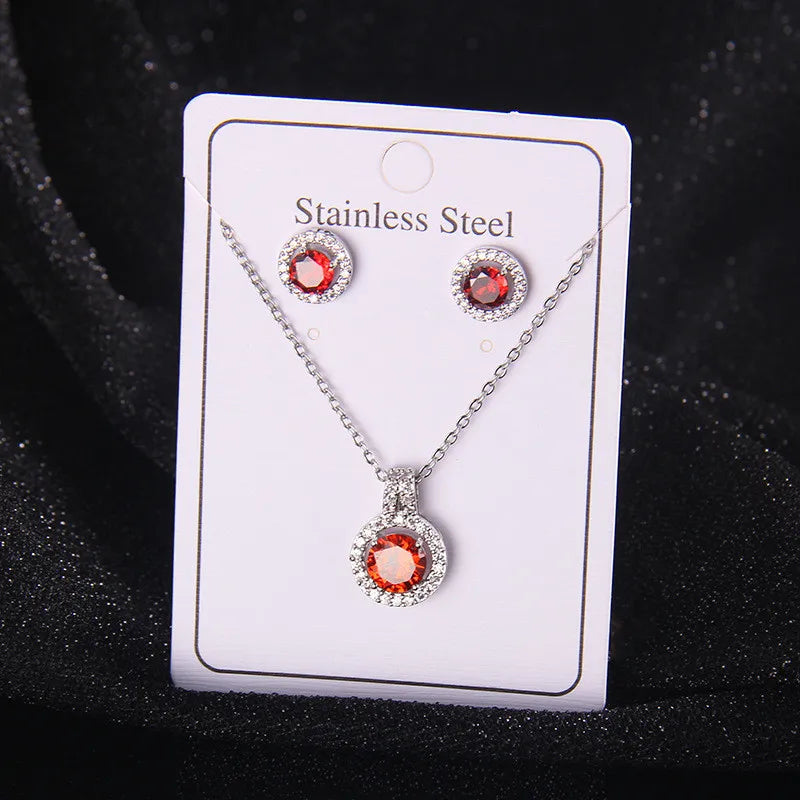 High Grade Round Zircon Jewelry Set Trendy Popular Stainless Steel Pendant Necklace Stud Earrings Party Gifts For Women Girls