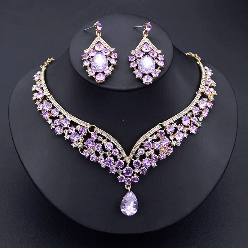 Champagne Colors Bridal Earrings Necklace Set Water Drop Rhinestones Crystal Adjustable Dubai Jewelry Set for Wedding Bride
