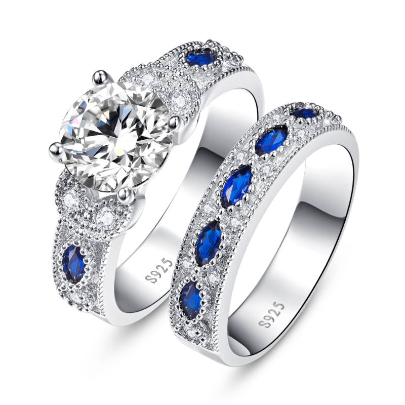 White CZ & Sapphire Solid Real 925 Sterling Silver Ring Set