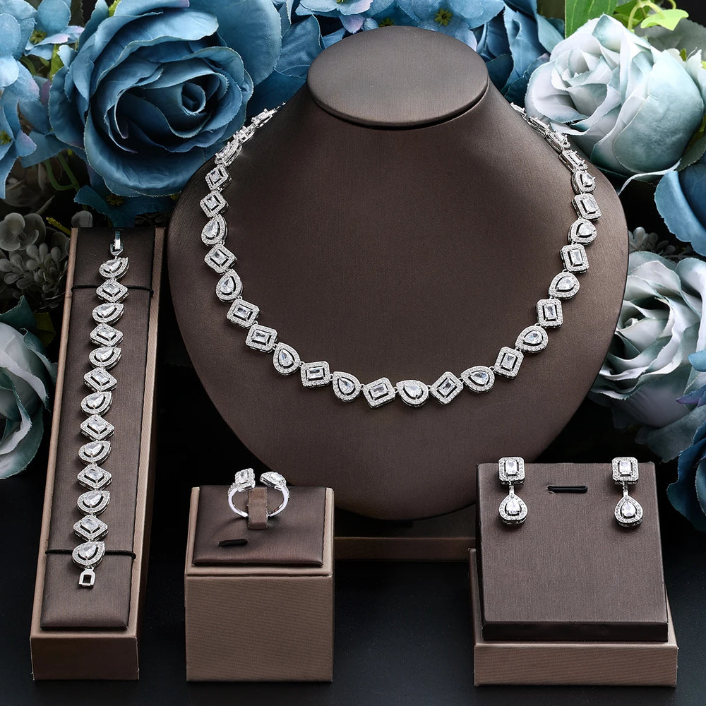2024 New 4-piece Jewelry Set with Cubic Zirconia, Suitable for Women's Wedding Party Wedding Accessories Dubai, Saudi Arabia