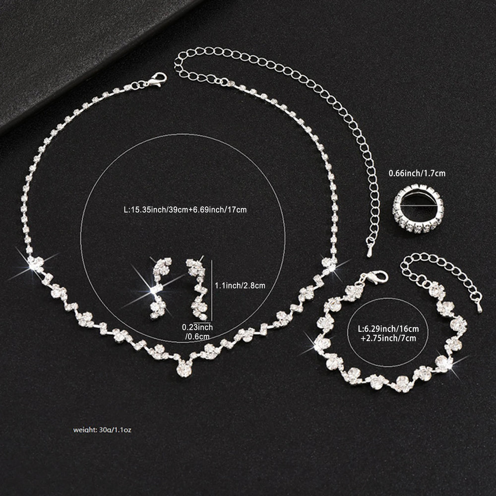 Rhinestones Necklaces Shiny Earrings Bracelet Ring Sets Wedding Jewelry Set For Women Dazzling Diamond Kit Bridal Jewellery