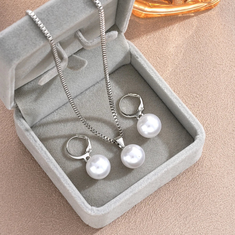 3 Pcs Round Pearl Jewelry Set Of Earring Pendant Necklace For Women Exquisite Fashion Rhinestone Double Wedding Jewelry Set Gift