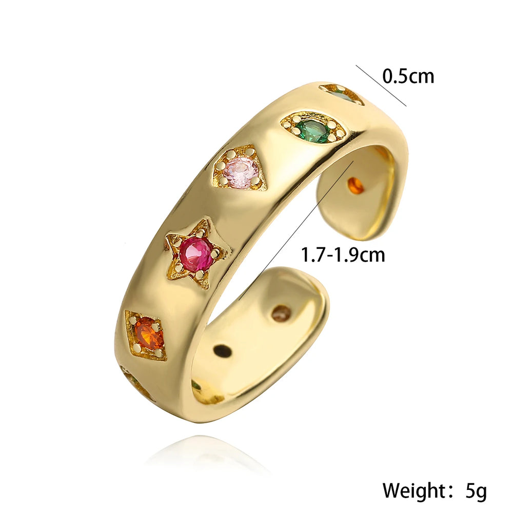 2025 New Fashion Gold Color Colourful AAA CZ Zircon Inlay Jewelry Open Design Wedding Bands Rings For Women Girl