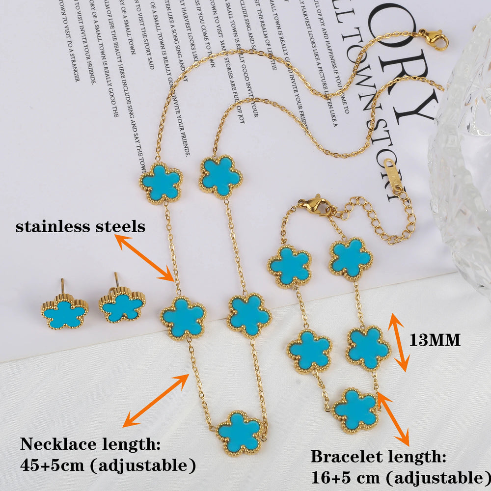 Hot Sale Stainless Steel Five Flower Clover Bracelet Jewelry Set Necklace Earrings For Woman Daily Wear Brand Jewelry