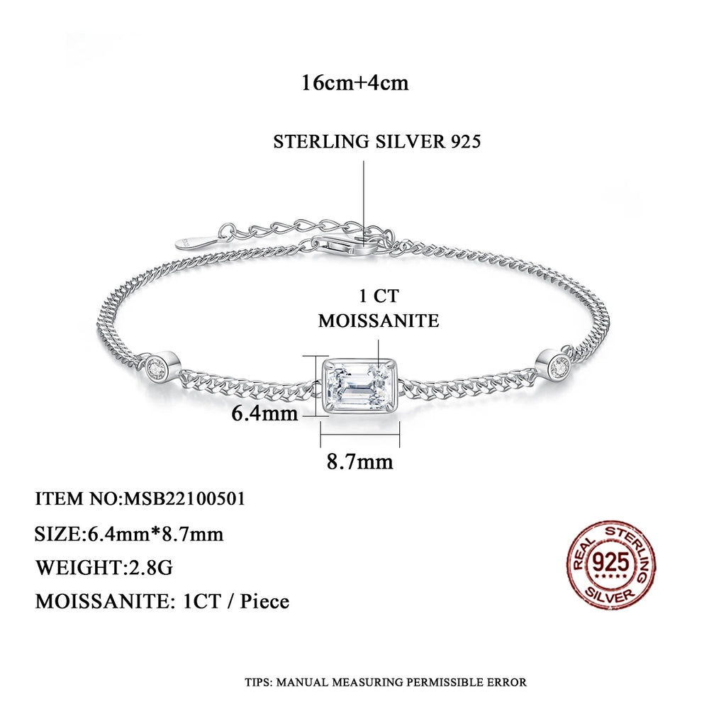 Chain Link Bracelet Moissanite 1CT Emerald Cut Real 925 Sterling Silver Women Luxury Trendy Hand Bracelets Jewelry