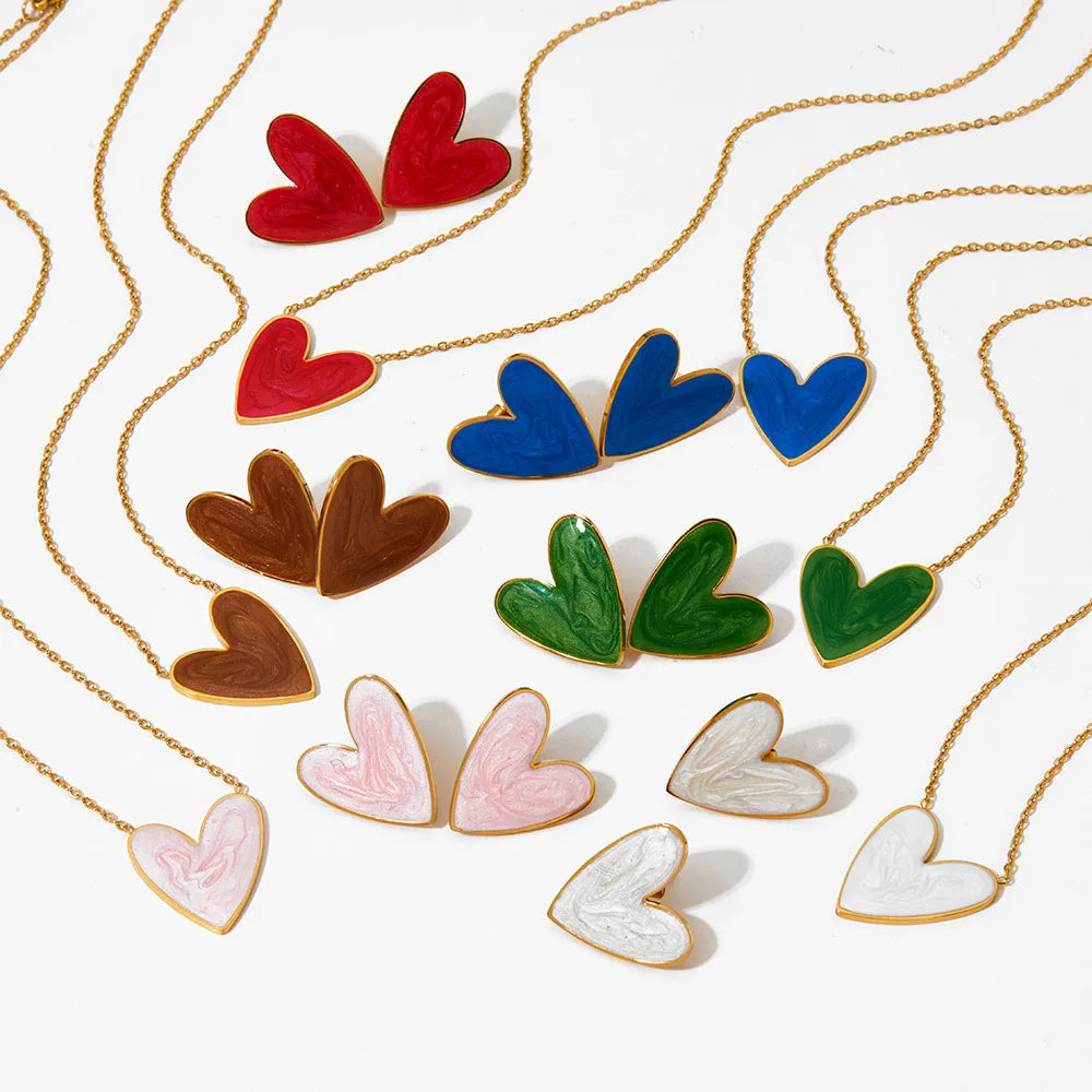 18K Gold PVD Plated Stainless Steel Colorful Enamel Heart Necklace Earring Set For Women Spring Summer Jewelry  Waterproof