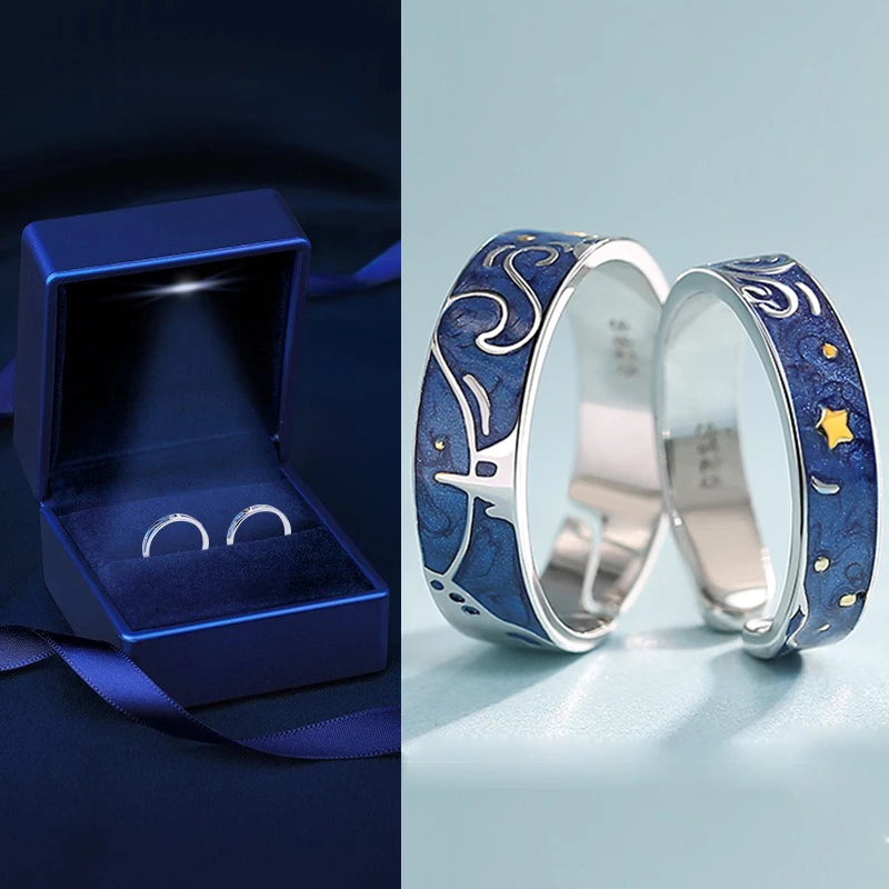 Couple Creative Van Gogh Starry Sky Rings Set Night Star Moon Open Ring for Women Men Lovers Wedding Finger Sliver Ring Jewelry