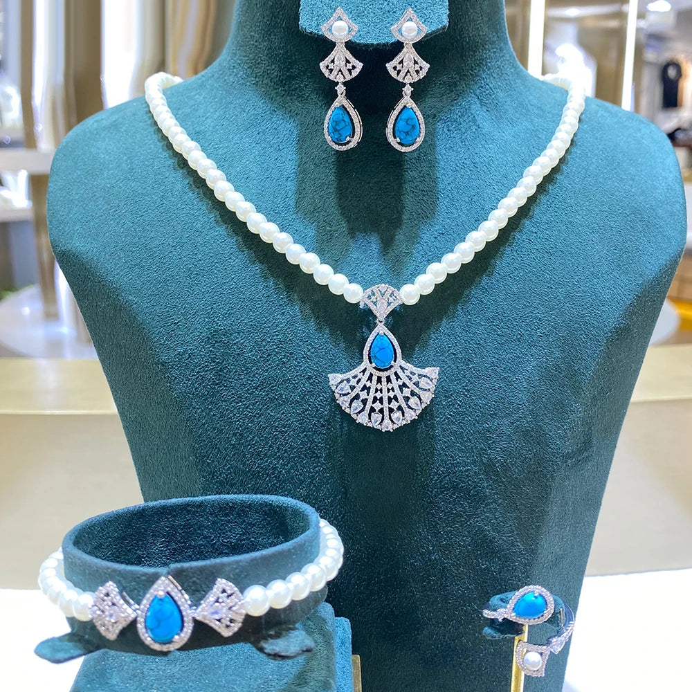 Elegant Pearl Necklace Set for Women Cubic Zirconia Turquoise/Peacock Party Jewelry Sets Bride Wedding Jewellery Accessory