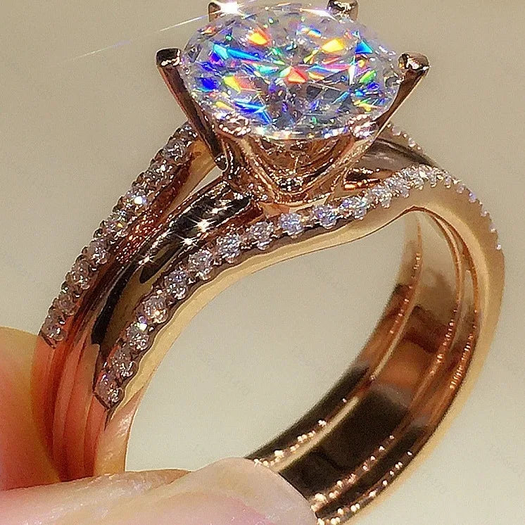 Dazzling Gold Color Round Ring for Women Set Fashion Wedding Engagement Party Jewelry