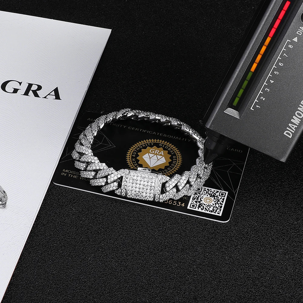 8/10/15/20mm Miami Hip Hop Jewelry Pass VVS Stone Shiny 925 Sterling Silver Bracelet Moissanite Cuban Link Chain For Men