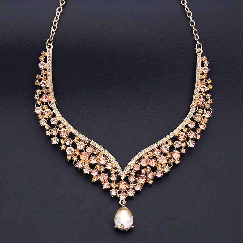 Champagne Colors Bridal Earrings Necklace Set Water Drop Rhinestones Crystal Adjustable Dubai Jewelry Set for Wedding Bride