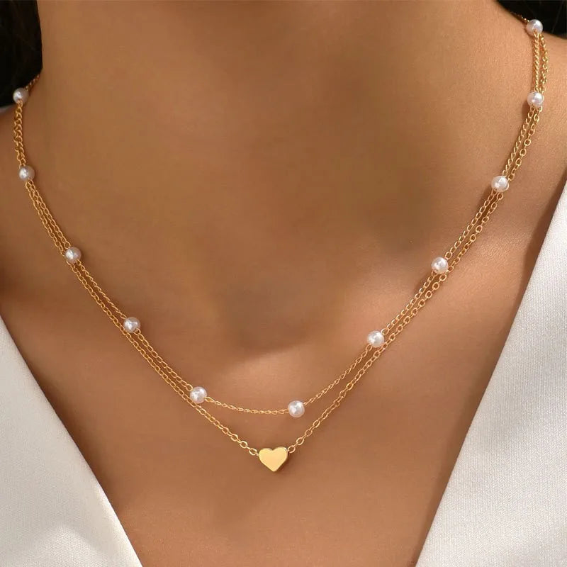 3pcs Women's Pearl Necklace Set 14K Gold Fashion Love Heart Pendant Waterproof Hypoallergenic Collarbone Neck Chain Jewelry