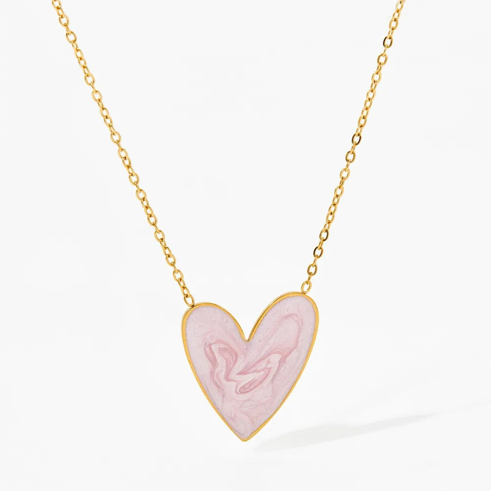 18K Gold PVD Plated Stainless Steel Colorful Enamel Heart Necklace Earring Set For Women Spring Summer Jewelry  Waterproof