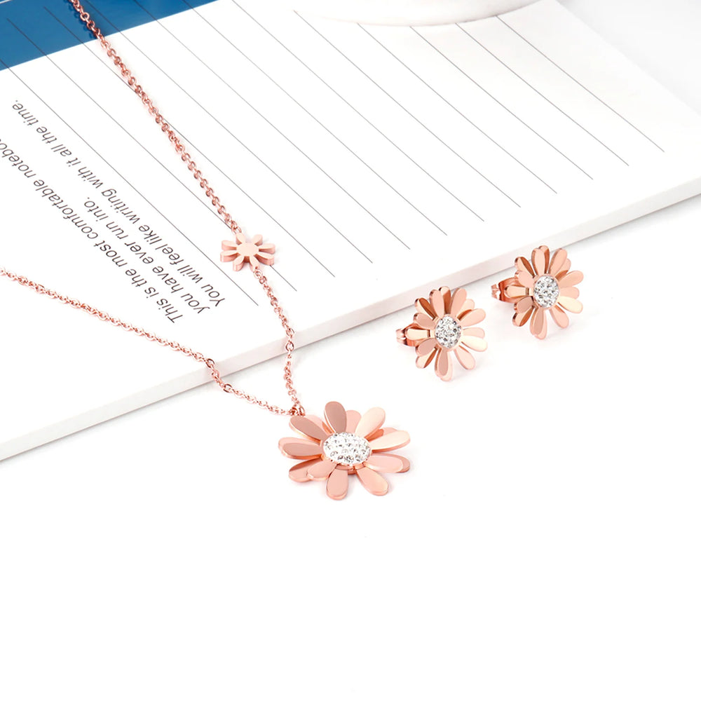 Jewelry Sets Yellow Flowers Pendant Necklace Earrings Stainless Steel For Women Gold Color 2023 Trendy Summer Wholesale