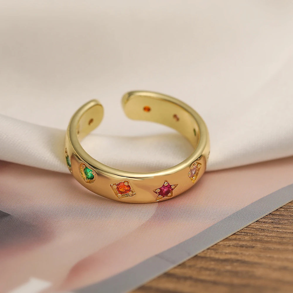 2025 New Fashion Gold Color Colourful AAA CZ Zircon Inlay Jewelry Open Design Wedding Bands Rings For Women Girl