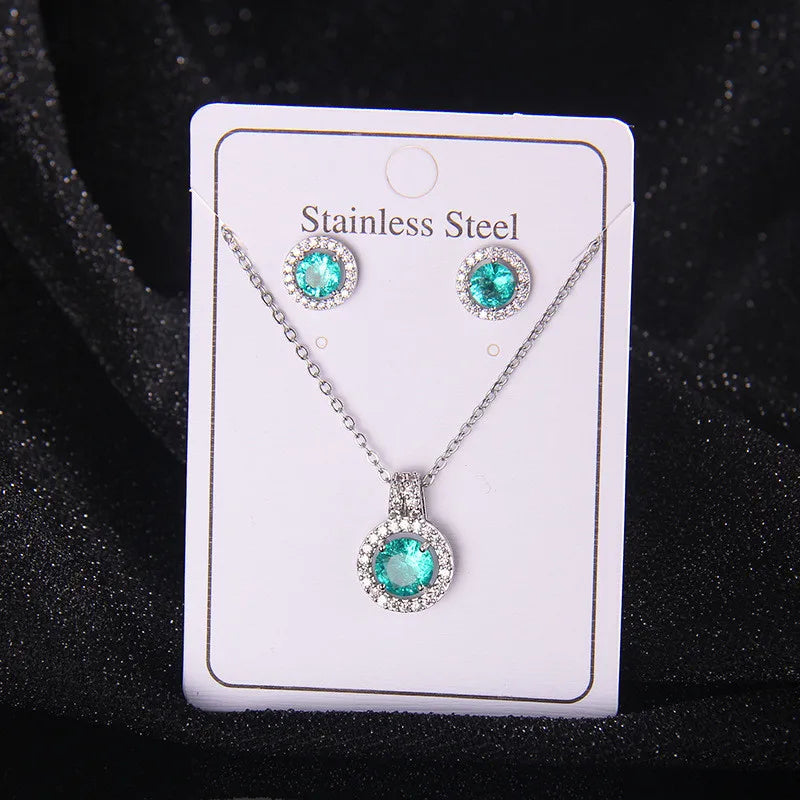 High Grade Round Zircon Jewelry Set Trendy Popular Stainless Steel Pendant Necklace Stud Earrings Party Gifts For Women Girls