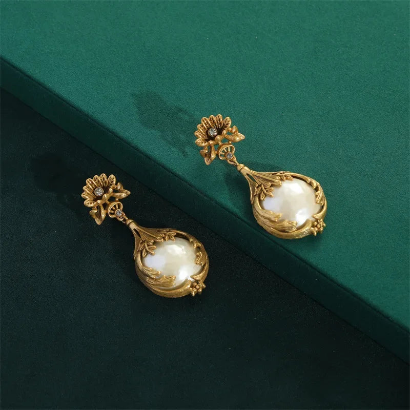 High Luxury Romantic Drop Baroque Pearl Pendant Vintage Jewelry Sets Cooper Flower Necklace Earring Ring Women Wedding Bride