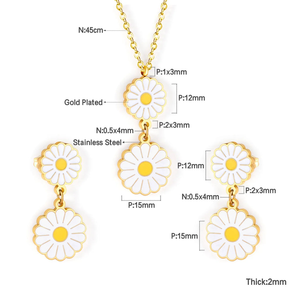 Jewelry Sets Yellow Flowers Pendant Necklace Earrings Stainless Steel For Women Gold Color 2023 Trendy Summer Wholesale