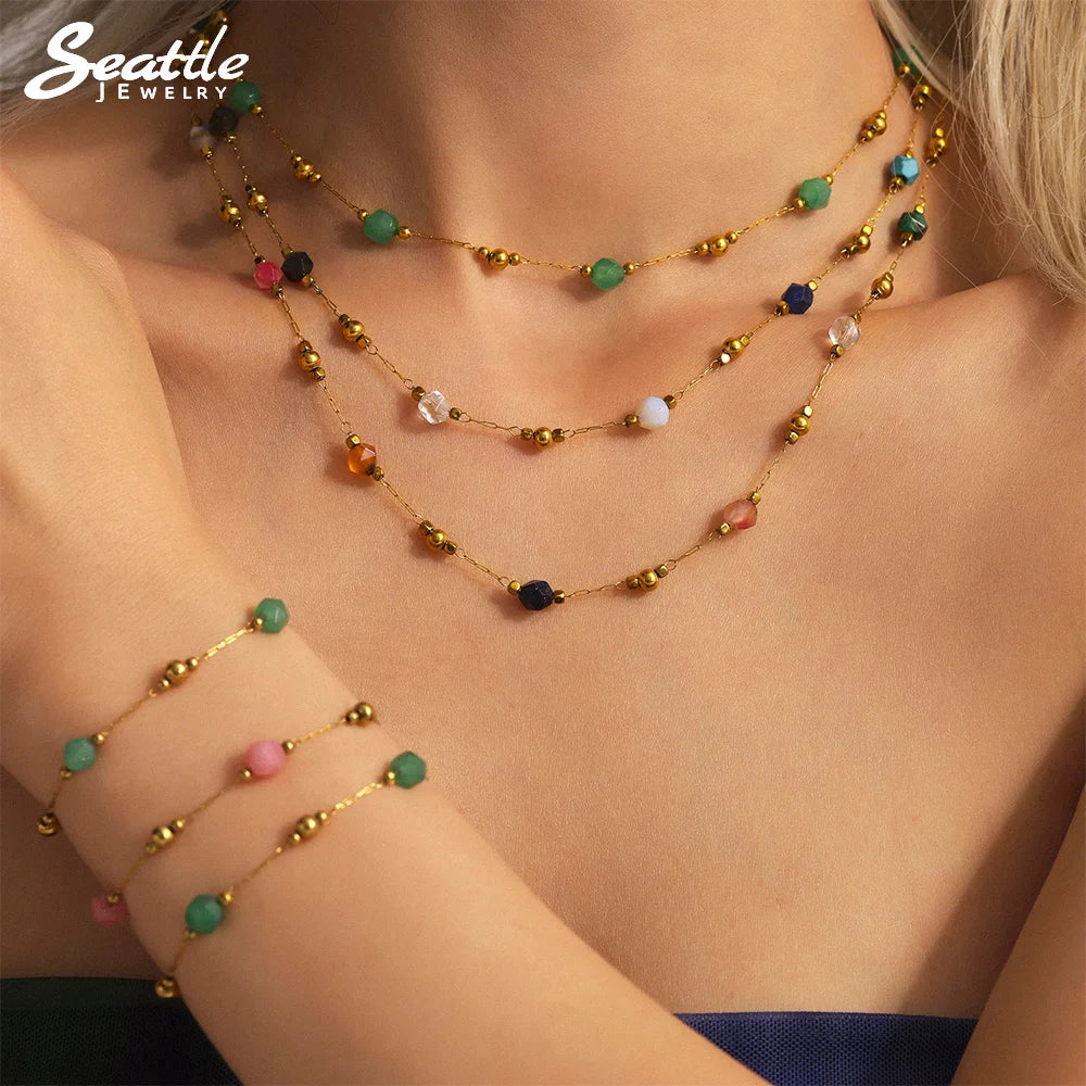 316 Stainless Steel Gold-Plated Ball Beaded Necklace Pink Green Natural Stone Chain Bracelet Set Women's Summer Jewelry