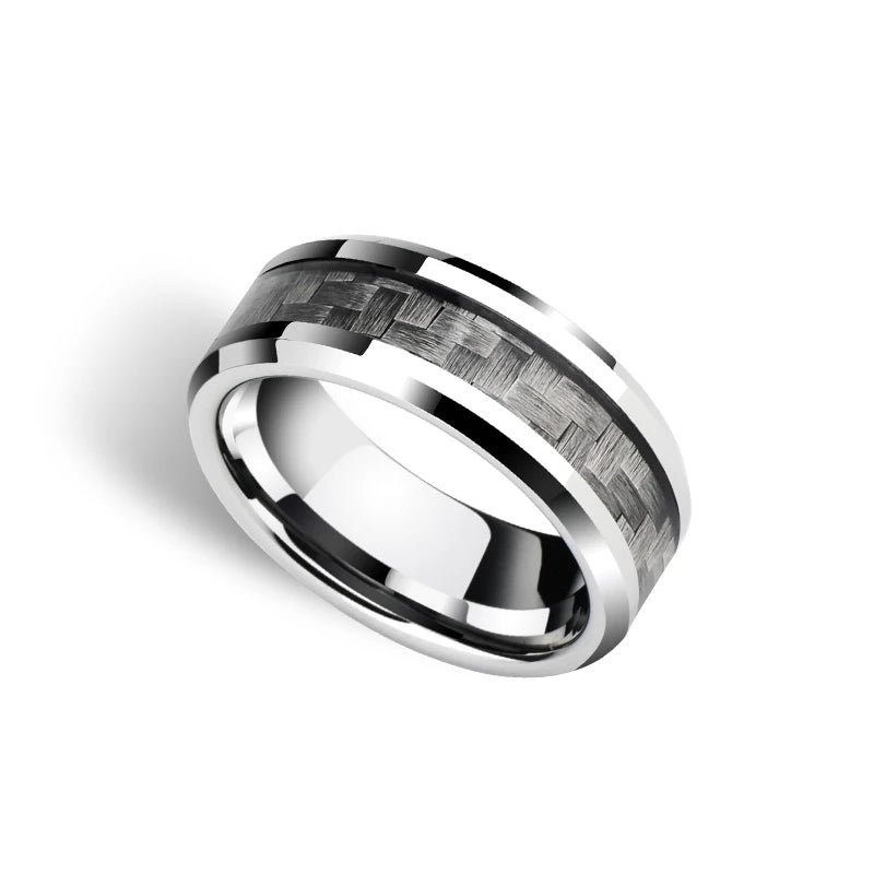 8mm Width Tungsten Engagement Rings with Name for Men High Polished Inlay Black/White Carbon Fiber Size 6-14 Free Engraving
