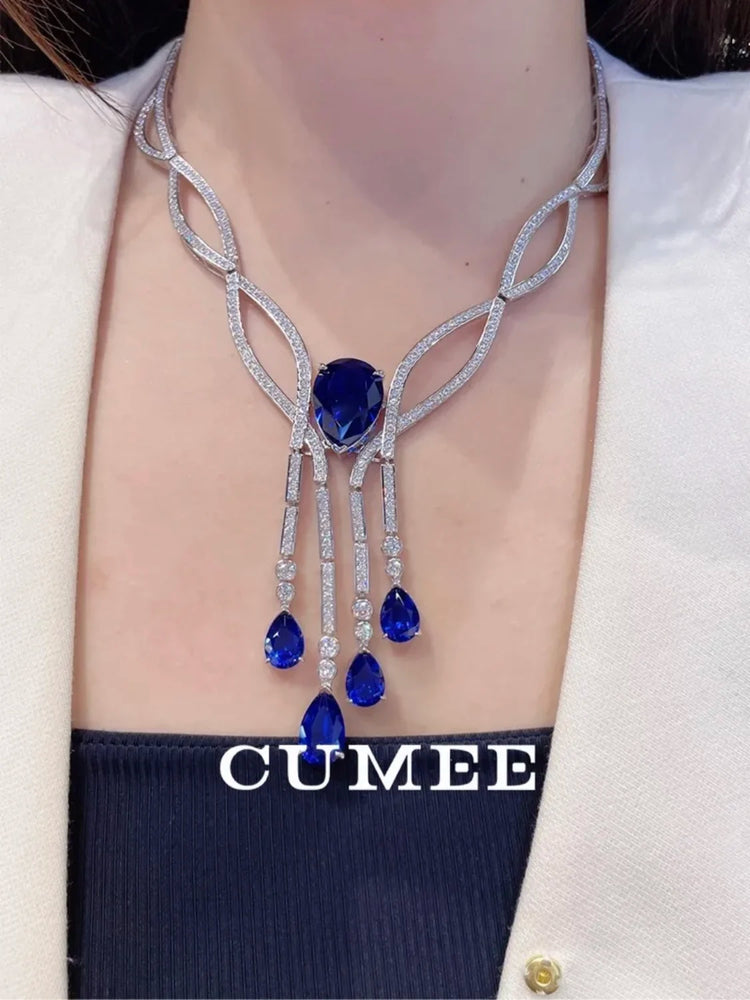 Cultivated Sapphire Necklace for Women Cubic Zirconia 925 Silver Gold-plated Necklace for Party Holidays Engagement