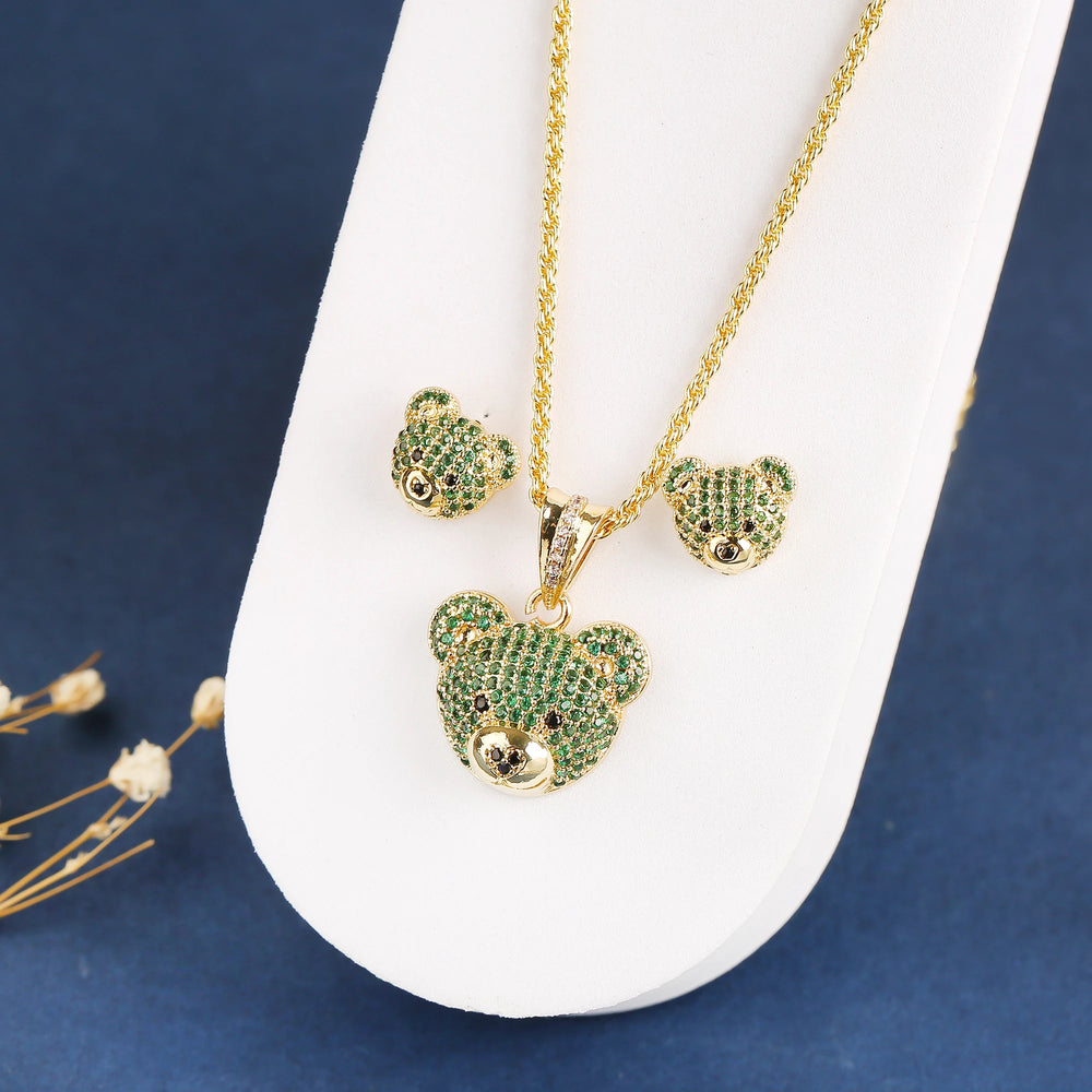 3pcs Exquisite Shiny White Red Zirconia Bear Jewelry Set Necklace Earrings Ring Cute Animal Jewelry Accessories For Women Girls